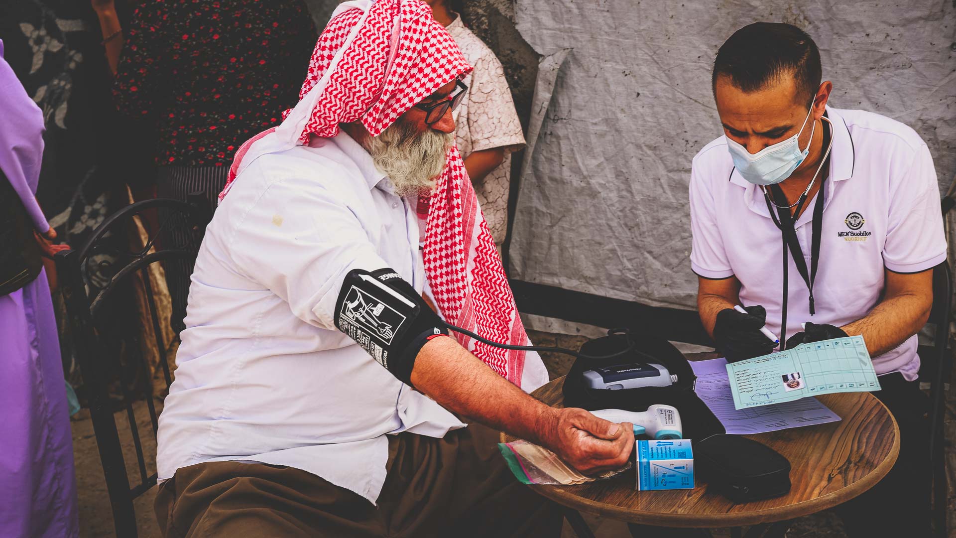 Healthcare worker checking a patient’s blood pressure during a Mobile Medical Clinic in Iraq.