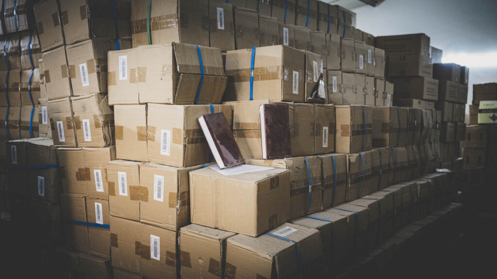 Boxes of Bibles stored for distribution through Bibles Across Borders.